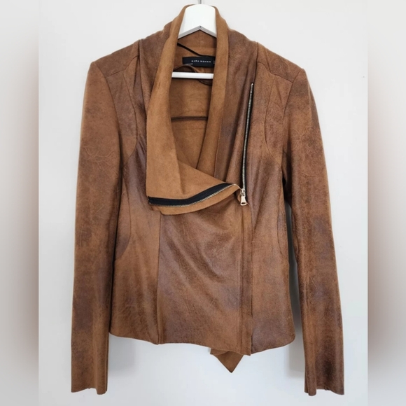 ZARA JACKET BROWN DRAPE COWLNECK ASYMMETRICAL ZIP TOP SMALL S - Picture 9 of 12